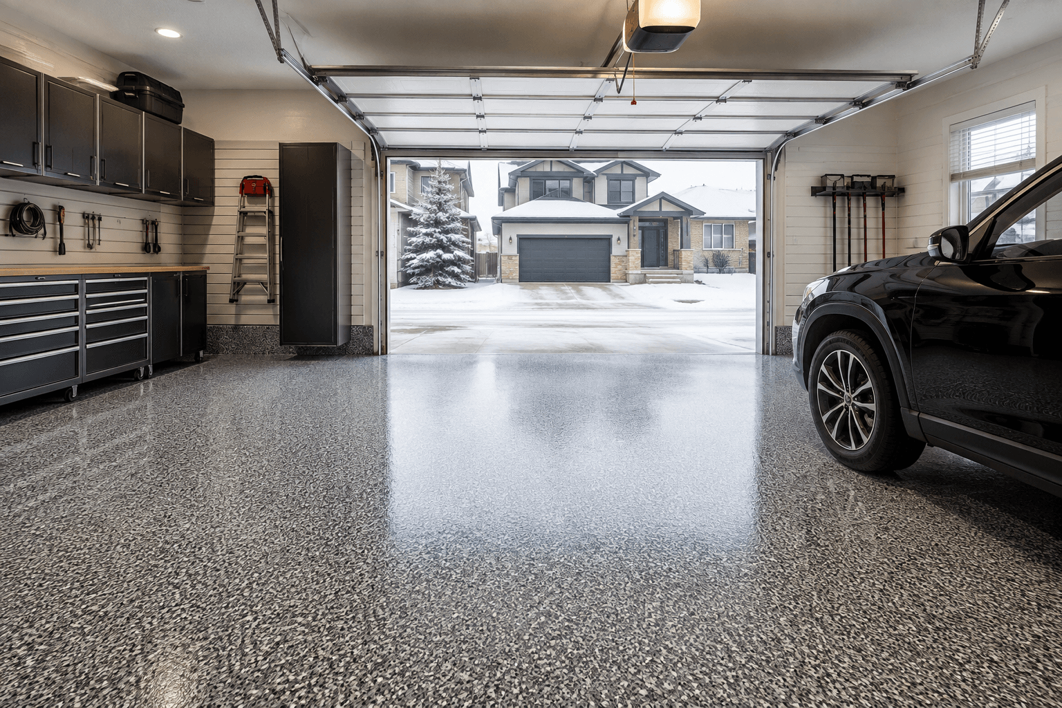 Finished garage floor with a protective coating in a Calgary home